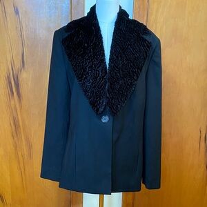 NWOT Kate Hill Black Wool Cashmere Blazer 1-Button Detachable Faux Fur Collar